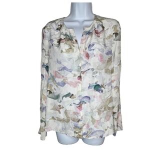 Ecru Womens L 100% Silk Watercolor Floral Blouse Boho Romantic Quiet Luxury